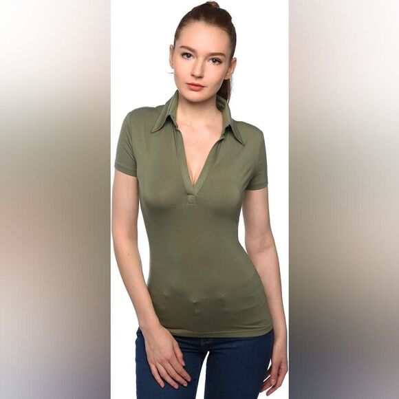 AmélieBoutik Women Collared V Neck Short Sleeve Polo Shirt Green S - Picture 1 of 10